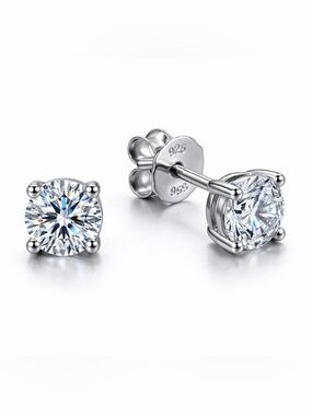 Sterling Silver 925 Clear Cubic Zirconia Round Stud Earrings - Silver 4mm